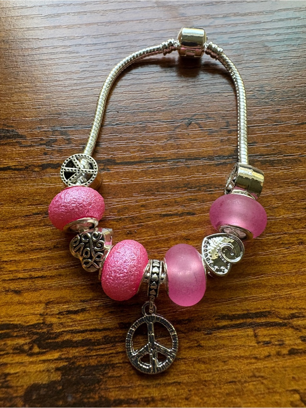 Pink Bead Charm Bracelet with Peace Sign Charm